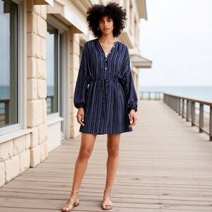 CHRISTY DAWN x MADEWELL STRIPED BONNIE MINI DRESS LONG SLEEVE WAIST TIE SZ: S